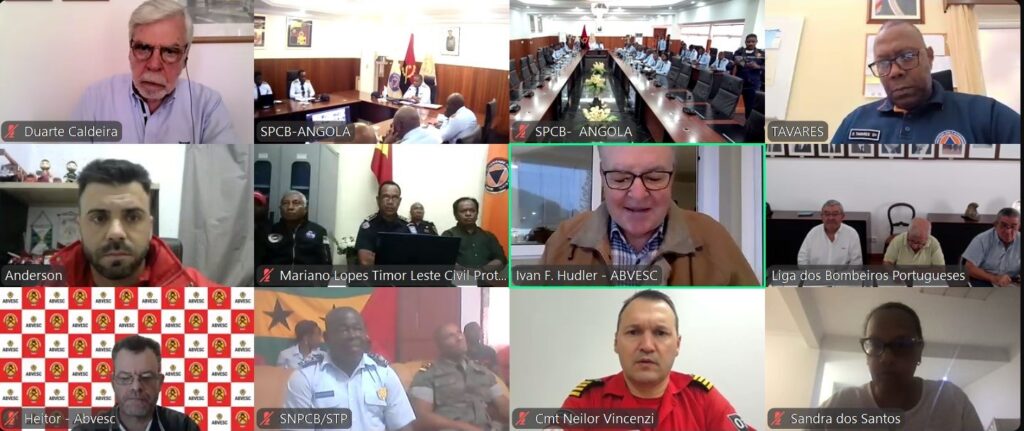 Captura de tela durante a videoconferência com os bombeiros de países de língua portuguesa